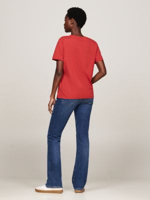 rood t-shirt met ronde hals en logo voor dames - tommy hilfiger