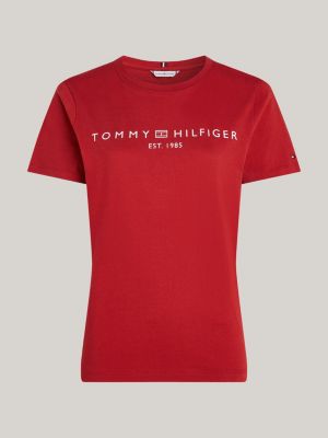 rot t-shirt mit rundhalsausschnitt und logo für damen - tommy hilfiger