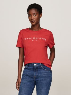 red t-shirt met ronde hals en logo voor dames - tommy hilfiger