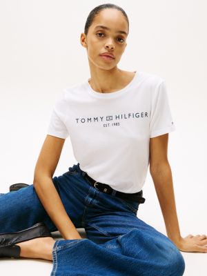 t-shirt à col ras-du-cou et logo blanc pour femmes tommy hilfiger