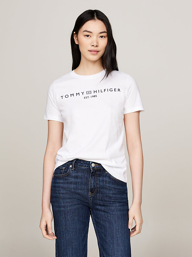 white signature t-shirt met ronde hals en logo voor dames - tommy hilfiger