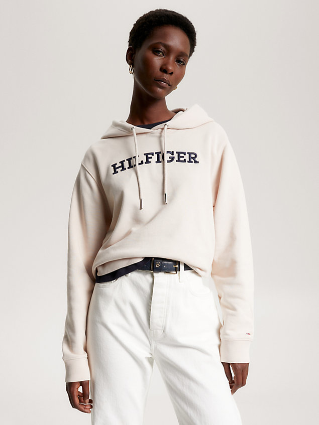 beige hilfiger monotype logo embroidery hoody for women tommy hilfiger