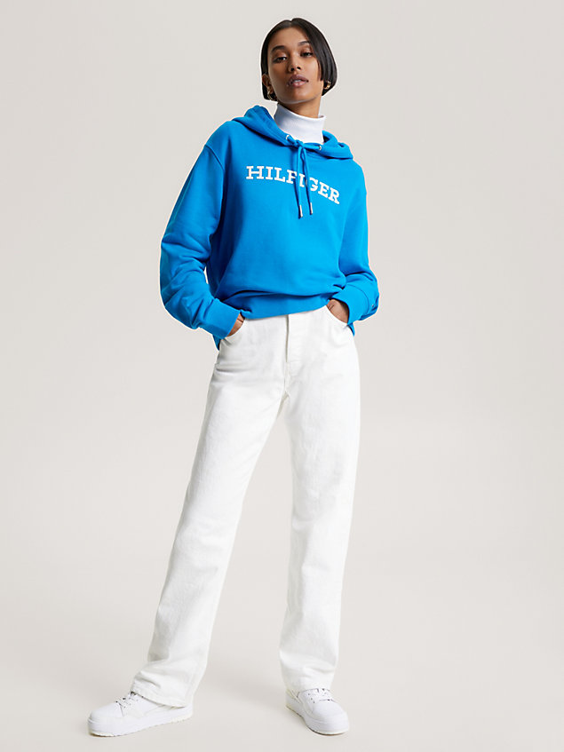 blue hilfiger monotype hoodie mit logo-stickerei für damen - tommy hilfiger