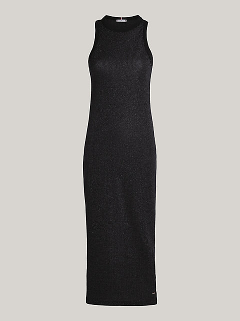 black metallic sleeveless slim fit midi dress for women tommy hilfiger