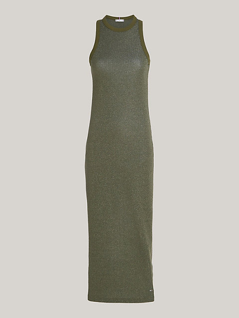 green metallic sleeveless slim fit midi dress for women tommy hilfiger
