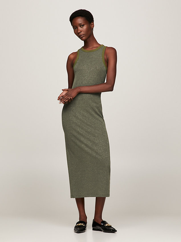 green metallic sleeveless slim fit midi dress for women tommy hilfiger