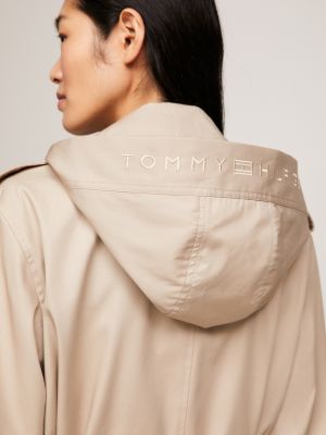 Logo Hood Longline Slim Belted Coat, Beige