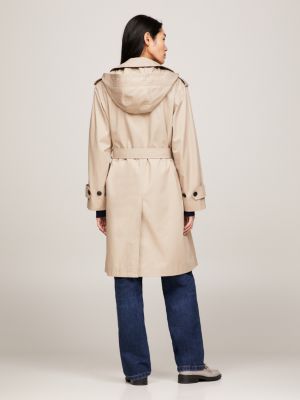 Logo Hood Longline Slim Belted Coat | Beige | Tommy Hilfiger