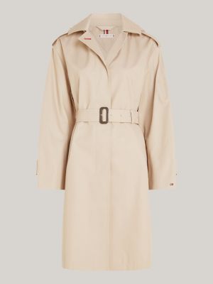 Logo Hood Longline Slim Belted Coat Beige Tommy Hilfiger