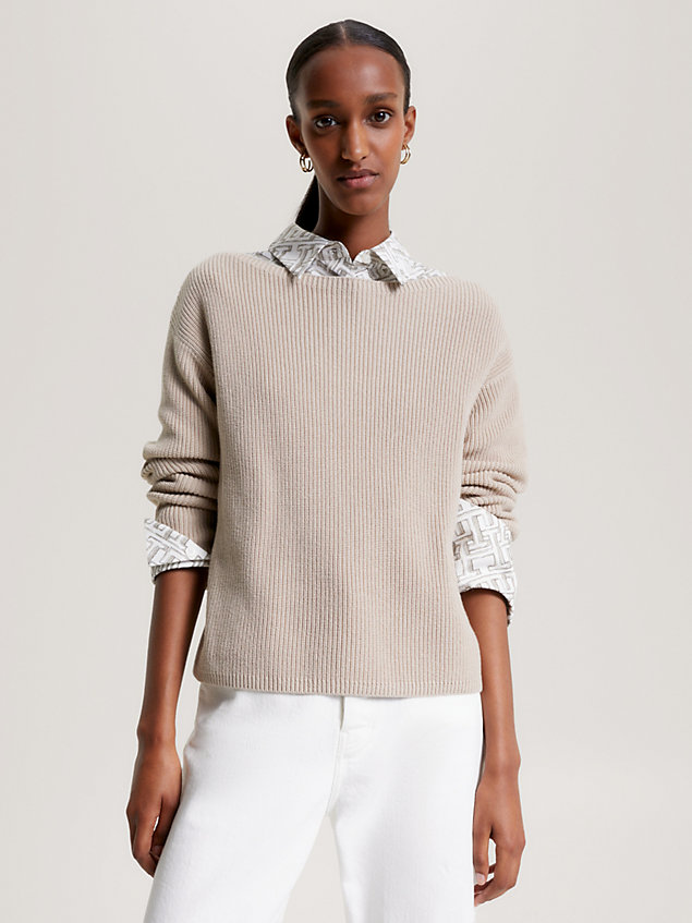 beige ribbed boat neck relaxed jumper for women tommy hilfiger