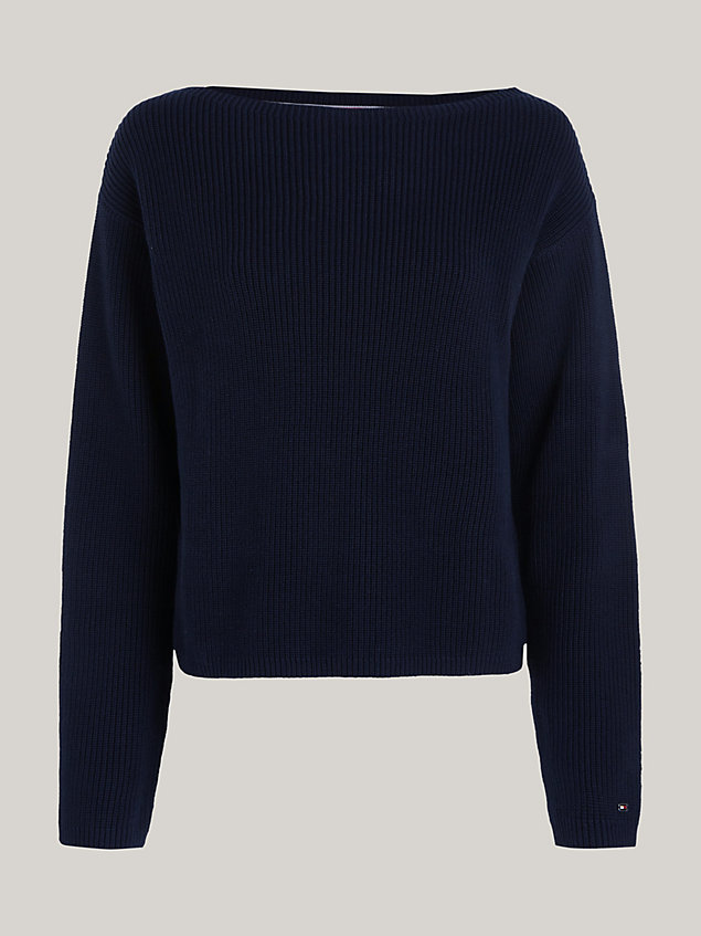 blue relaxed fit trui met ribtextuur en boothals voor dames - tommy hilfiger
