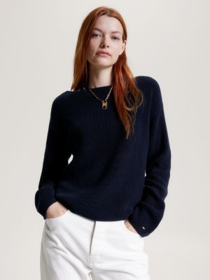 Ribbed Boat Neck Relaxed Jumper, Blue