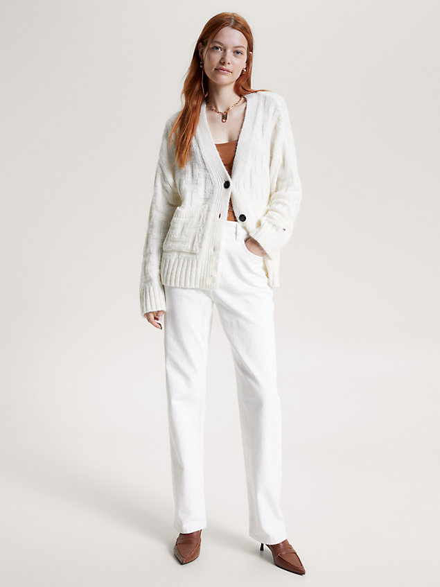 white tonal texture v-neck oversized cardigan for women tommy hilfiger