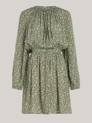 Feather Print Fit And Flare Dress, Green