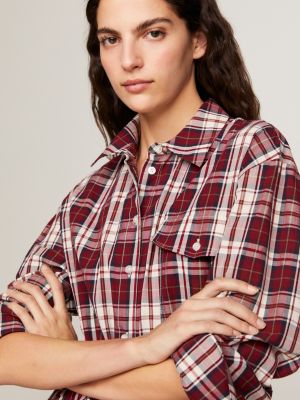 Red plaid shirt dress hot sale womens