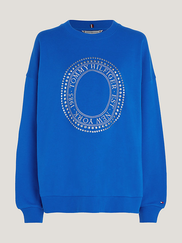blue bling studded logo relaxed fit sweatshirt for women tommy hilfiger