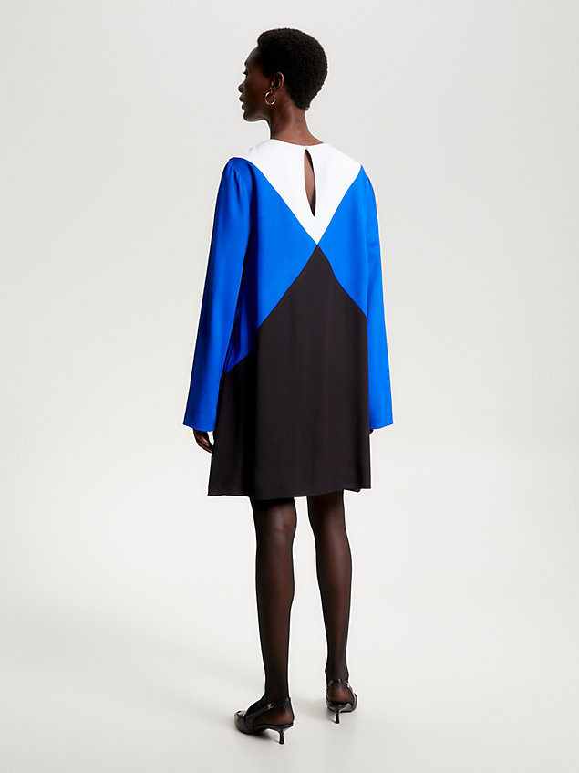 blue fit and flare-jurk met argyle-colourblocking voor dames - tommy hilfiger