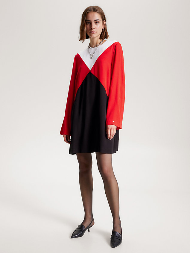 red fit and flare-jurk met argyle-colourblocking voor dames - tommy hilfiger