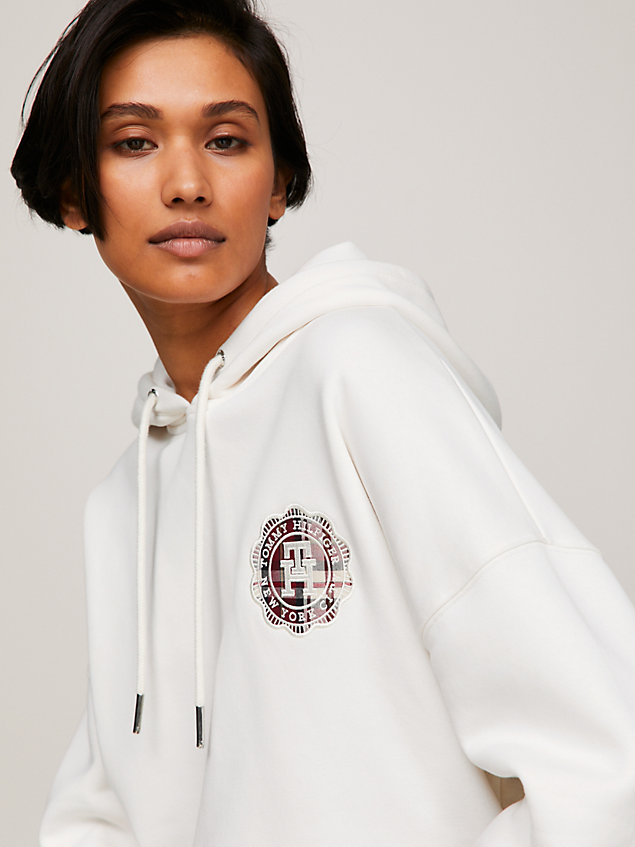 white relaxed fit hoodie met th-monogramstempel voor dames - tommy hilfiger
