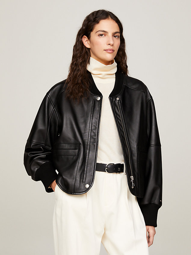 black leather panel bomber jacket for women tommy hilfiger