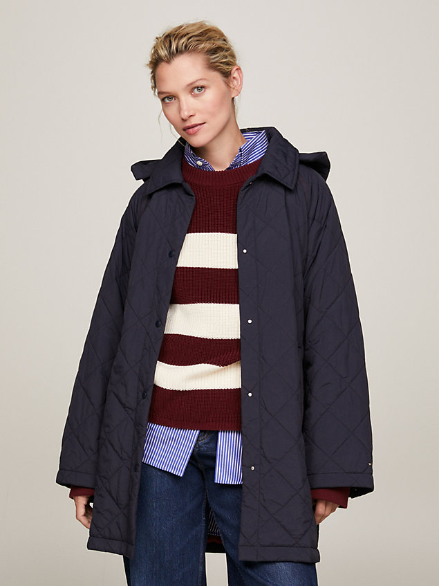 blue diamond quilted removable hood coat for women tommy hilfiger