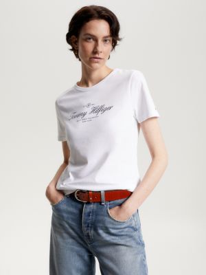 | White Fit Slim Tommy T-Shirt | Signature Logo Hilfiger