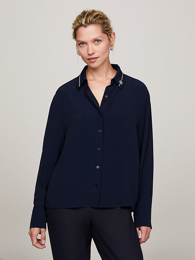 blue regular fit crêpe blouse met monogram voor dames - tommy hilfiger