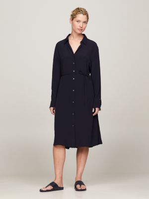 Belted Knee Length Shirt Dress, Blue