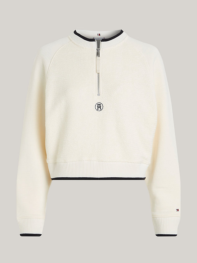 beige th monogram textured half-zip cropped sweatshirt for women tommy hilfiger