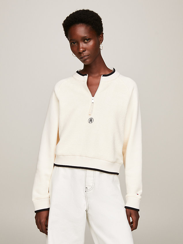 beige th monogram textured half-zip cropped sweatshirt for women tommy hilfiger