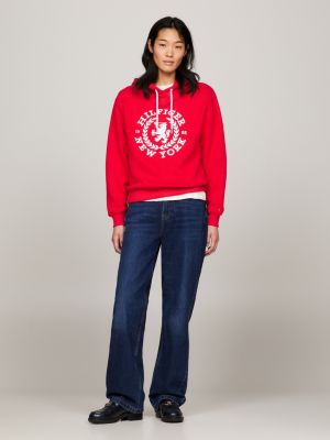 red regular fit hoodie mit th-wappen-logo für damen - tommy hilfiger