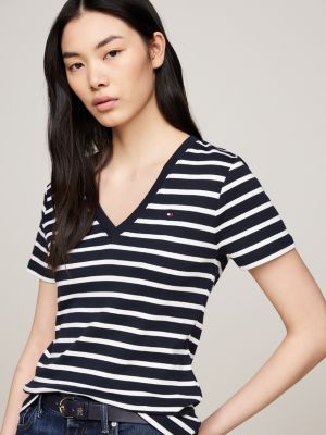 t-shirt slim fit con scollatura a v blu da donne tommy hilfiger