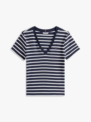 blue ribbed slim v-neck t-shirt for women tommy hilfiger