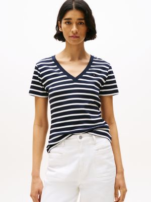 blue slim fit t-shirt met v-hals voor dames - tommy hilfiger