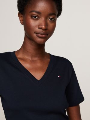 camiseta slim con cuello de pico azul de mujeres tommy hilfiger