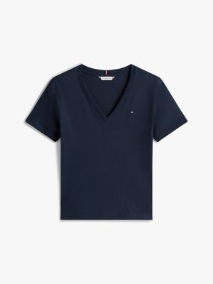 blue ribbed slim v-neck t-shirt for women tommy hilfiger
