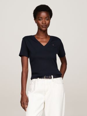 t-shirt slim fit con scollatura a v blu da donne tommy hilfiger