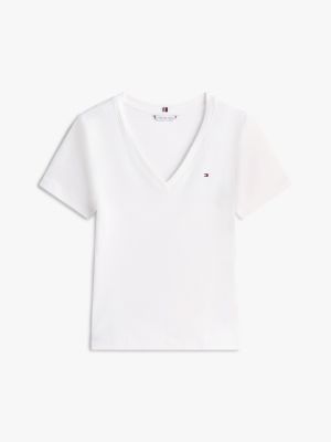 white ribbed slim v-neck t-shirt for women tommy hilfiger