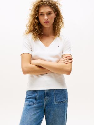 t-shirt ajusté à col en v white pour femmes tommy hilfiger