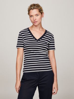 Tommy Hilfiger Women's Wide Stripes Logo V-Neck T-Shirt