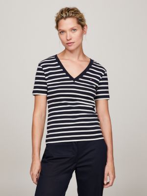 Tommy Hilfiger t-shirt bianca donna croppedfit in cotone con logo sul petto  e patch bandierina sulla manica