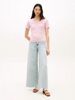 Flag Embroidery Slim V-Neck T-Shirt — Pink 3