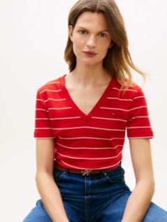 Flag Embroidery Slim V-Neck T-Shirt — Red 2