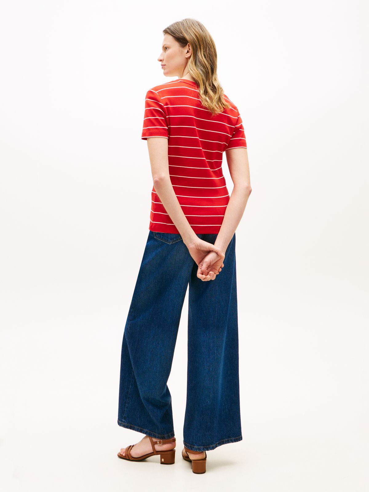 Flag Embroidery Slim V-Neck T-Shirt — Red