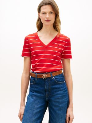 red slim fit t-shirt mit flag-stickerei für damen - tommy hilfiger