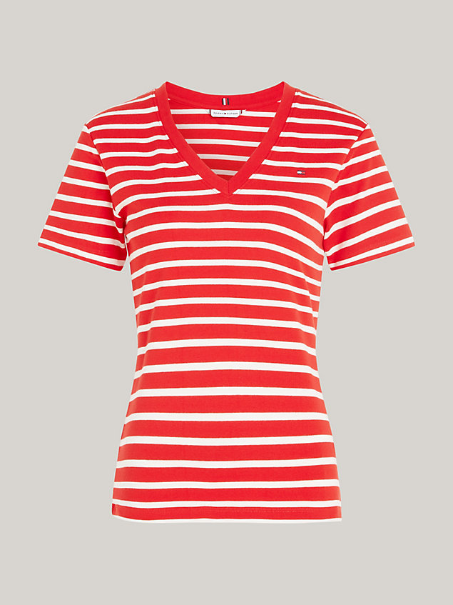 red ribbed v-neck slim fit t-shirt for women tommy hilfiger