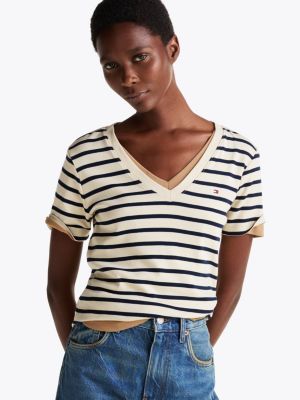 t-shirt slim fit con scollatura a v multi da donne tommy hilfiger