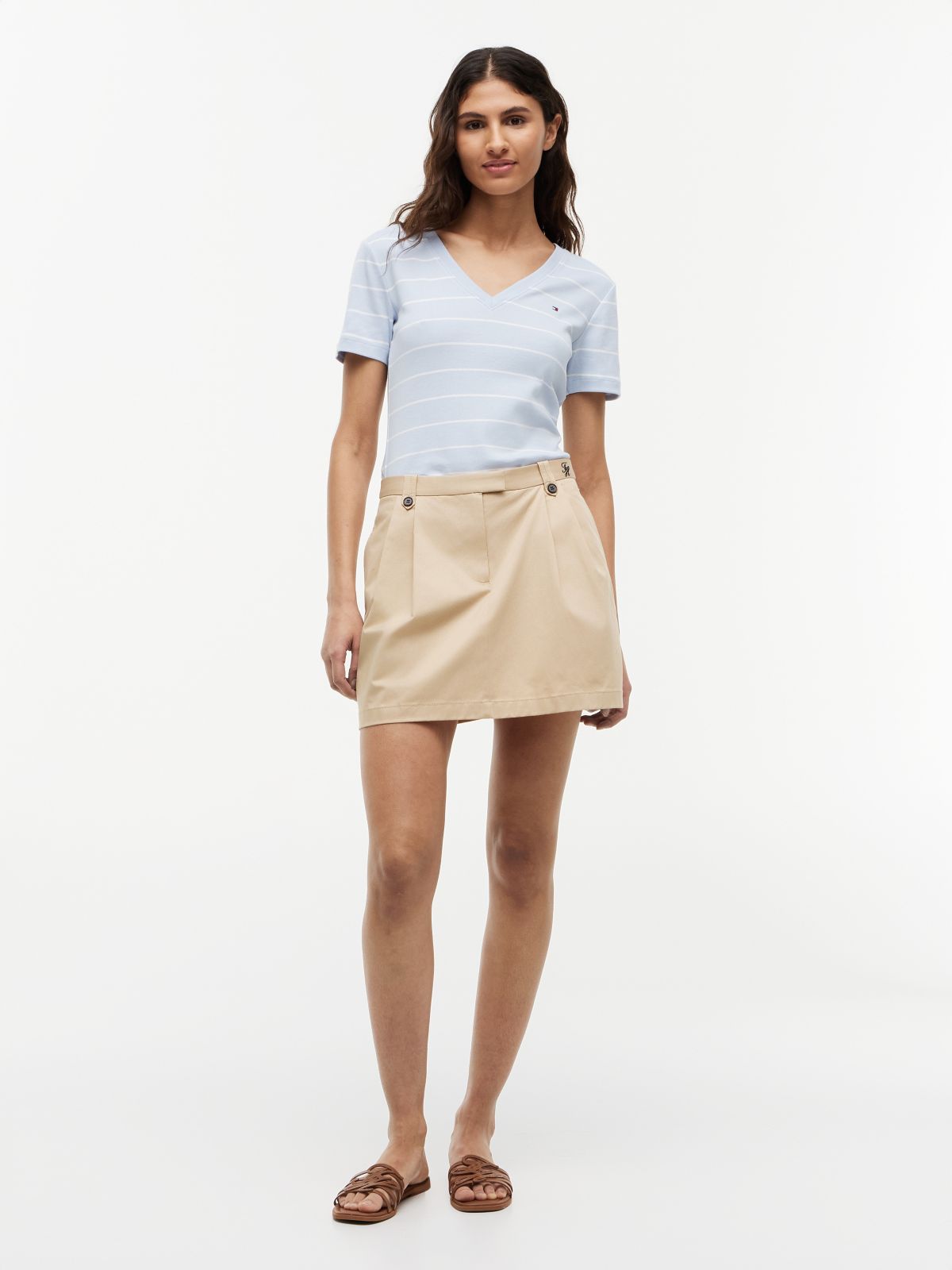 Flag Embroidery Slim V-Neck T-Shirt — Blue