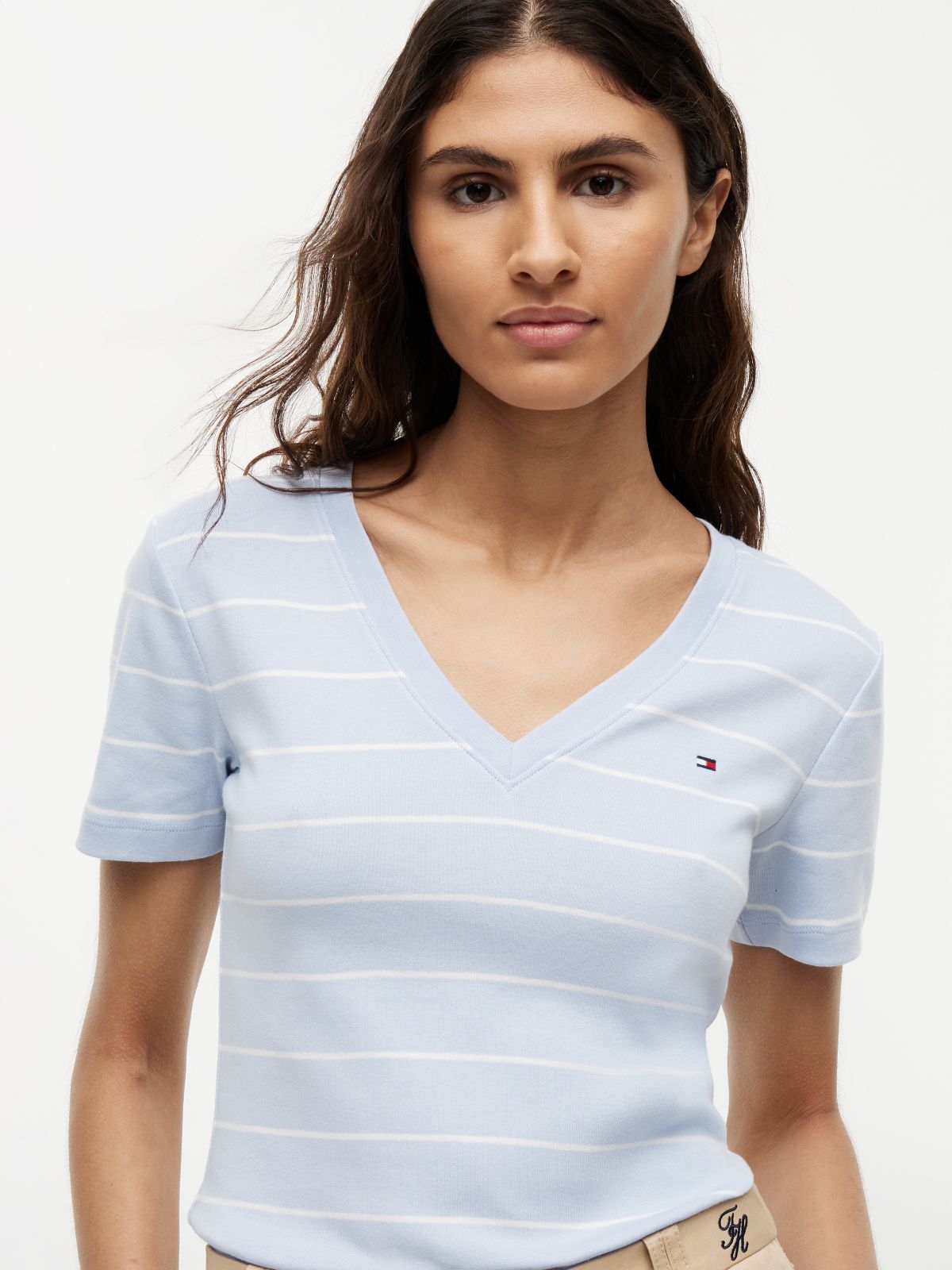 Flag Embroidery Slim V-Neck T-Shirt — Blue