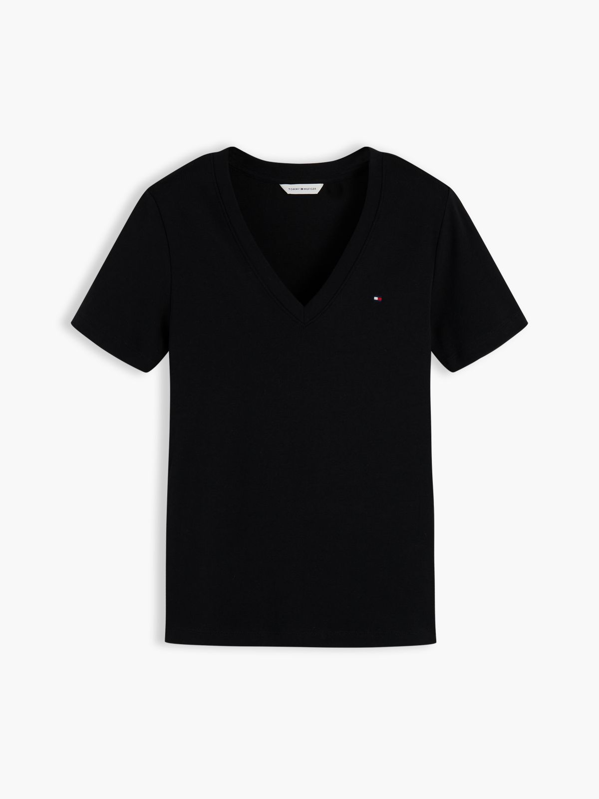 Flag Embroidery Slim V-Neck T-Shirt — Black